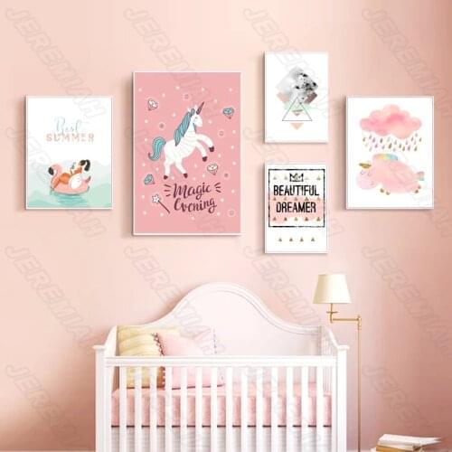 Cartoon Flamingo Beauty Horse Rhino Poster Nordic Style Wall Art Canvas Modern Living Room Decoration