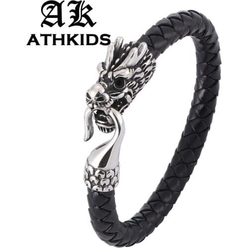 Hot Black/Brown Men Leather Braided Bracelets Personalized Stainless Steel Dragon Head Bracelet Male Wrist Band Jewelry PD0391