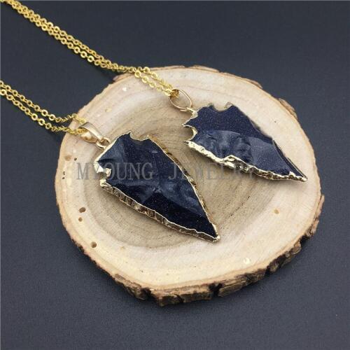 MY0839 Arrow Bluesand Pendant Charm Necklace ,Gold Cladding Rough Arrowhead Necklace With Gold Color Chain kolye