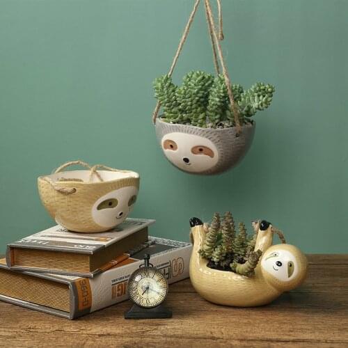 Nordic Home Garden Decoration Animal Flower Pot Ceramic Vase Wall Hanging Sloth Flower Pot Scindapsus Chlorophytum Potted Plant