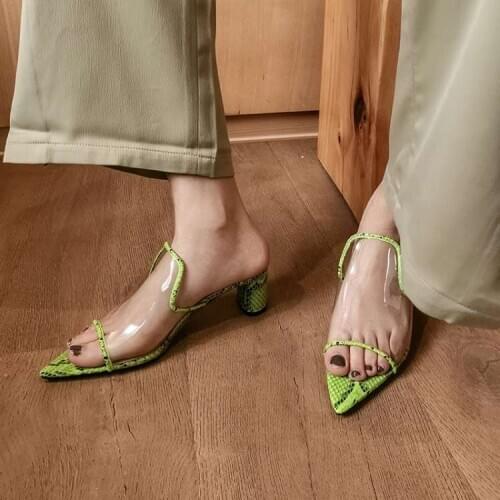 Sexy Women sandals 2020 PVC snake print round high heels sandals slippers women flip flops top toe slides party shoes woman