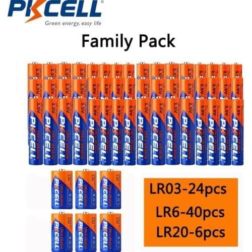 PKCELL 1.5V Alkaline disposable Battery Family combination for 24pcs LR03+40pcs LR6+6pcs LR20 battery with Household appliant