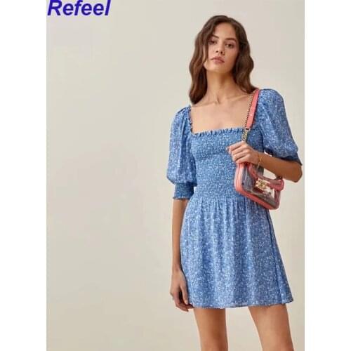 Holiday Style Square Collar Blue Floral Print Dress Bohemian Puff Sleeve Elastic Ruched Woman Dresses Female Clothes