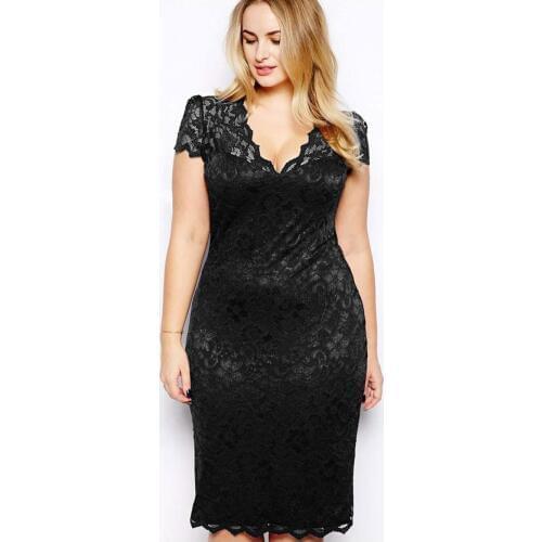 POPULAR Womens Dresses Sexy Lace Pencil Dresses Solid Color Short Sleeve V-Neck Casual Dresses Womens Knee-Length Dresses S-5XL