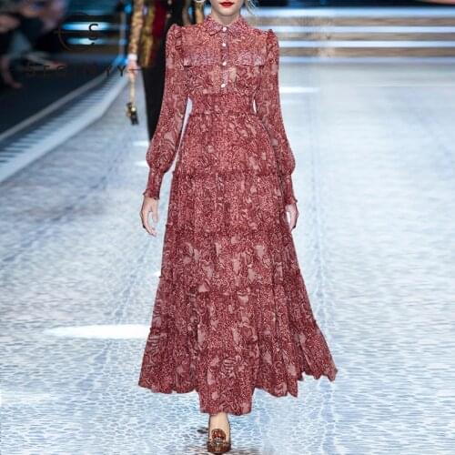 SEQINYY Chiffon Maxi Dress Summer Spring New Fashion Design Women Lantern Sleeve Vintage Print Ruffles Elastic Waist Elegant