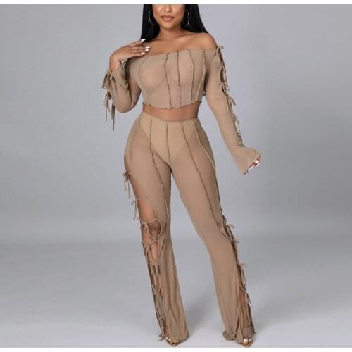 Sexy Two Pieces Sets Club Pants Set Autumn Fall Crop Tops & Long Trousers Lace Up Hollow Out Elegant Evening Night Club Sets Hot