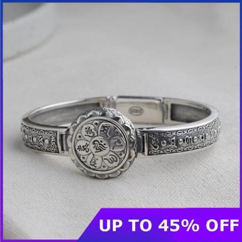 Thai silver men bangle 925 Sterling Silver Six Character Mantra Vajra Mens Bangles Buddhism Jewelry Retro Vintage Lucky Bangles