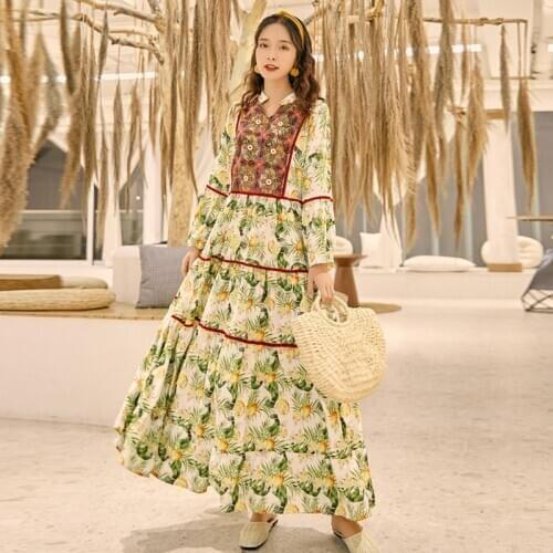 Thailand National Style Vintage Holiday Trip Shoot Embroidered Long Dress Bohemian Beach Printed Loose and Plus-sized Dress