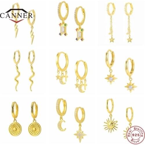 CANNER 925 Sterling Silver Piercing Huggie Cartilage Drop Earrings for Women Star Zircon Pendant Circle Earings Fine Jewelry