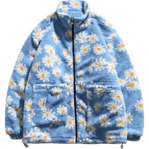 Women Harajuku Quilted Coats Cotton Padded Thick Parkas Daisy Print Fleece Warm Jackets Hip Hop Fashion Causal Couple Streetwear