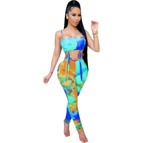 Casual Print Tie Dye Women Jumpsuit Hollow Out Bandage Staghetti Strap Streetwear Party Night Clubwear Summer Clothes For Women