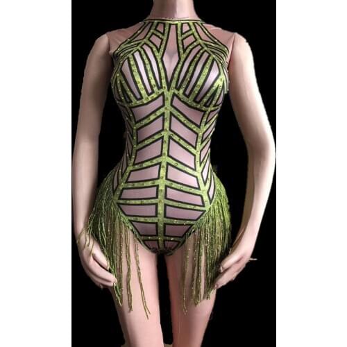 Womens Nude Nightclub Outfit Party Wear 4 colors big Stretch Tassel Leotard Female Singer Dancer Sexy Fringes Bodysuit Costume