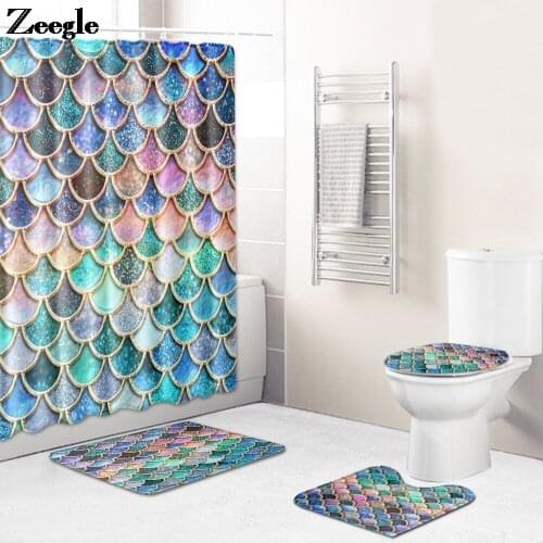 Golden Home Decor Bath Mat and Waterproof Shower Curtain Set Anti-slip Bathroom Rug Set Toilet Rug Shower Foot Mat