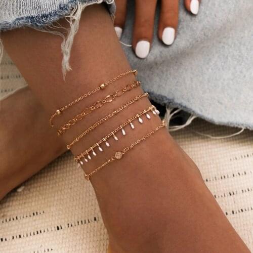 Stillgirl 5Pcs Simple Gold Crystal Anklets Bracelet for Women Boho Cute Geometric Chain Set Female Fashion On the Leg Jewelry