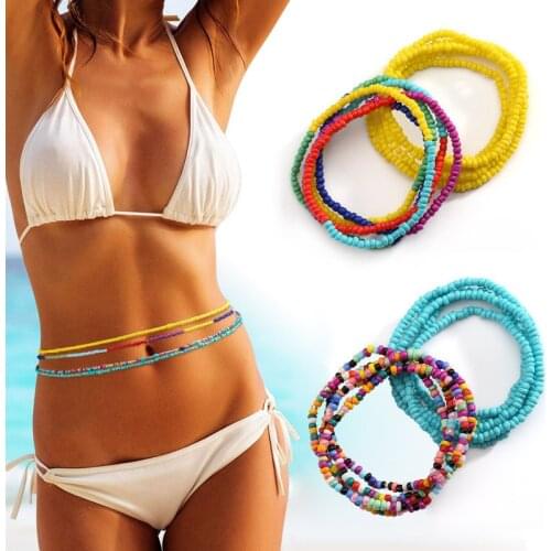 2 Pcs Sexy Summer Waist Bead Chains African Belly Beads Colorful Beach Bikini Body Belly Chain Elastic Jewelry for Women Girls