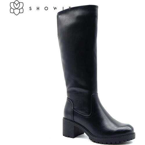BlackMiddle heel with platform with match stitching Women’s Knee High Boots Autumn winter fall Mid-calf lady easy style Footwear