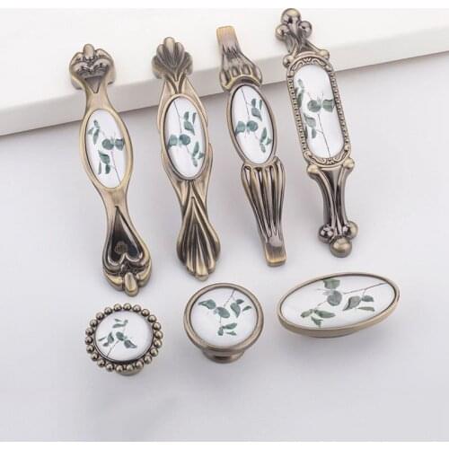 Crystal Glass Furniture Drawer Cabinet Handle Antique Bronze Rural Flowers Shape Door Pull Kitchen Cupboard Wardrobe Door Knob