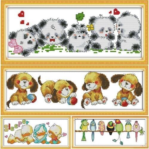 Joy Sunday Four Dogs Handmade Stamped Cross Stitch 11CT 14CT Chinese Cotton Cross-stitches Kits Embroidery Home Decor Needlework