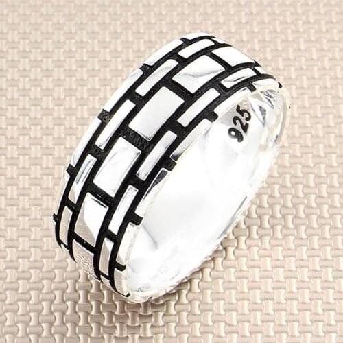 Men Silver Bands Ring With Castle Wall Motif Wedding Engagement Silver Spinner Ring Made in Turkey Solid 925 Sterling Silver