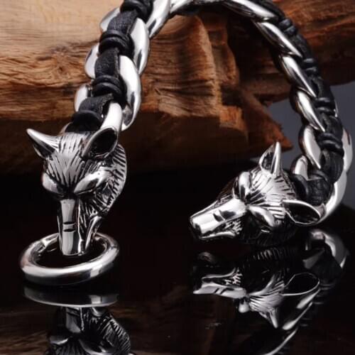 22cm Big Heavy Mens Leather Bracelet Wolf Head Rock Roll Werewolf Men Bracelet Viking Undefined Jewelry