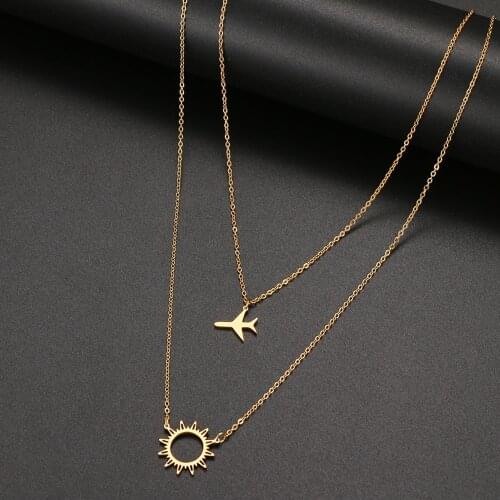 Stainless Steel Pendant Sun Flower And Airplane Fashion Multi-Layer Style Necklace For Women Jewelry Party Friend Gift 2021 New