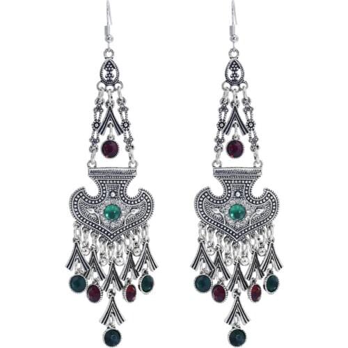 Afghan Oxidized Silver Color Metal Rhinestone Long Tassel Earrings for Women Boho Statement Jewelry Turkish Tribal Party Gift