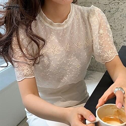 Stand Collar Short Sleeve Fashion T Shirts Elegant Lace Tops Women 3D Flower Temperament Tee Slightly Transparent Blusas 14400