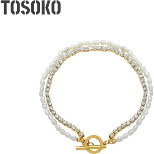 TOSOKO Stainless Steel Jewelry Double layer chain freshwater pearl Zircon Bracelet womens Fashion Bracelet BSE286