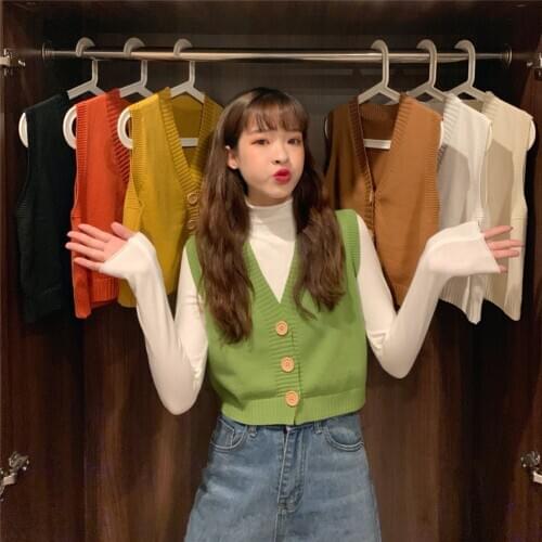 Sweater Vest Women Crop Top Single-breasted Fashion Korean Style Solid Casual Stylish Loose Elegant All-match Femme Vests ZY5306