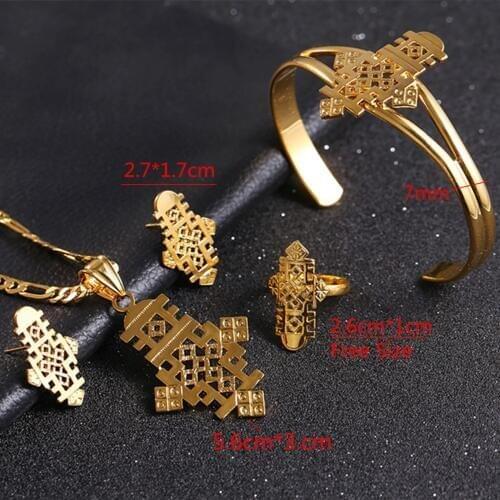 Bangrui Ethiopian Cross Necklace Pendant Earring Ring Bangle Set Gold color Eretrian Jewelry African Item Coptic Cross Abyssini