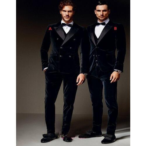 Velvet Groomsmen Peak Satin Lapel Groom Tuxedos Black Men Suits Wedding Best Man Blazer (Jacket+Pants+Vest+Bow Tie) C51