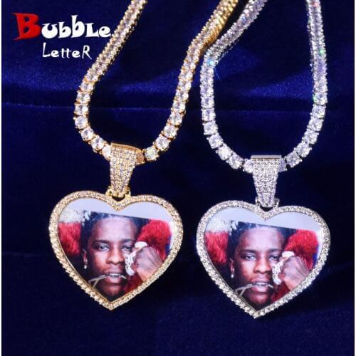 Custom Made Photo Heart Medallions Necklace & Pendant Solid back Gold Color AAA Zircon Mens Hip hop Jewelry