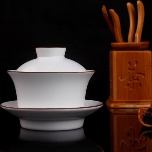 Jingdezhen Ding Kiln Matt White Browm Rim White Ceramic Gaiwan Gongfu Tea Brewing Teacup Gaiwan 160ml Ceramic Tureen Three Bowl