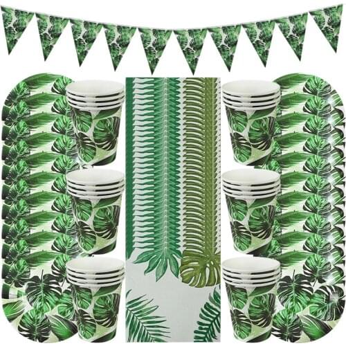 Summer Party Disposable Tableware Green Monstera Plant Print Plates Cups Napkins Banner Tropical Hawaiian Wedding Party Supplies