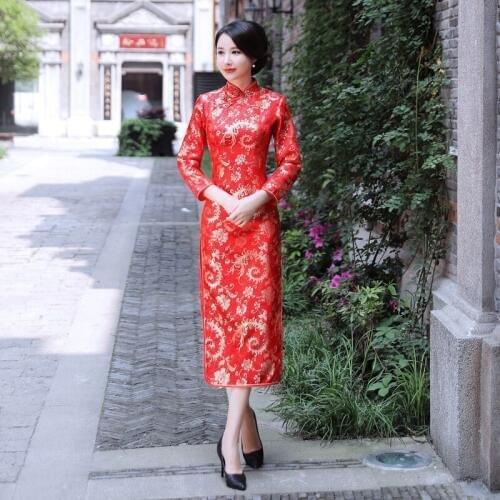 Elegant Women Print Flower Wedding Dress Oriental Bride Satin Mandarin Collar Evening Qipao Plus Size 2XL Long Sleeve Cheongsam