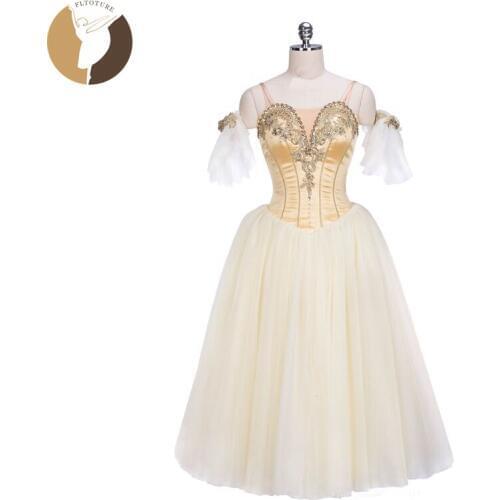 FLTOTURE Professional Romantic Tutu Cinderella Dance Dress Classical Ballet Costumes For Girls Yellow Long Tutu Skirts 7 Layers