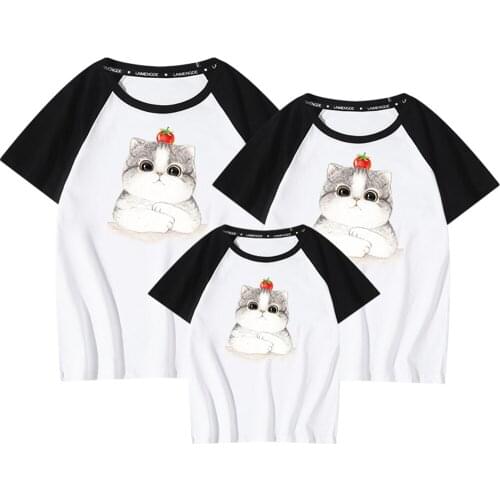 New Summer T Shirt Cute Print Cotton Family Casual Sweet Baby Tops Streetwear BlackWhite Parents-child Loose Harajuku Boys