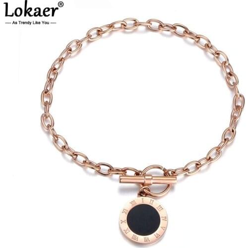 Lokaer Classic Roman Numerals Black Shell Chain & Link Bracelet Bangle Jewelry Titanium Steel Charms Bracelets For Women B18005