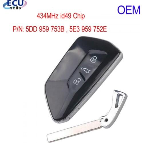 OEM ​3 Button Smart Remote Car Key 434MHz id49 FOB for Volkswagen Skoda 2020 2021 Golf 8 2021 P/N: 5DD 959 753B , 5E3 959 752E