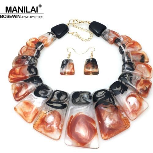 MANILAI Big Colouration Clear Resin Statement Necklaces Sets With Earrings Women Geometric Choker Necklace Fashion Jewelry Set