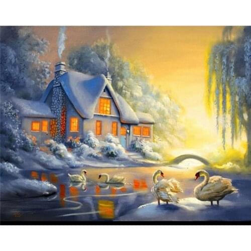 Creative Diamond Embroidery New 5D Diy Diamond Painting Snow House Swan Cross Stitch Diamond Mosaic Needlework Diamond Decor