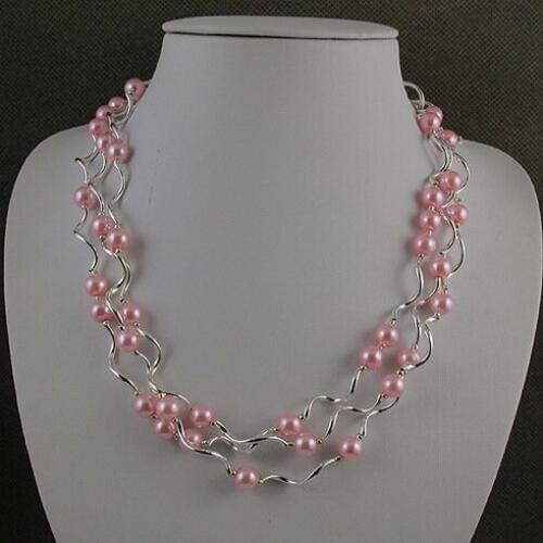 Unique Pearls jewellery Store,3rows Tube Silver Pink Color Shell Pearl Necklace,Magnet Clasp,Charming Girl Wedding Gift