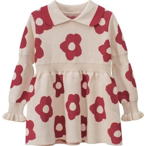 Cute Kids Girls Winter Dress Children Party Dress Long Sleeve Knitted Flower Pattern Sweet Toddler Girl Dresses Princess Dress