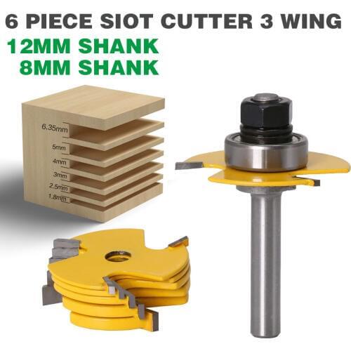 2Pc 6 Piece Slot Cutter 3 Wing Router Bit Set Woodworking Chisel Cutter Tool- 8"& 12" Shank Tenon Cutter for Woodworking Tool