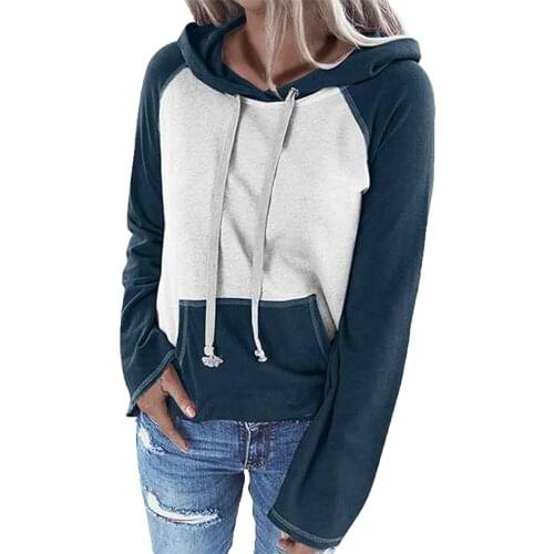 Autumn Winters Drawstring Hoodies For Womens Color Block Long Sleeve Pullover Pocket Tops Comfy Soft Hooded Sweatshirts A40