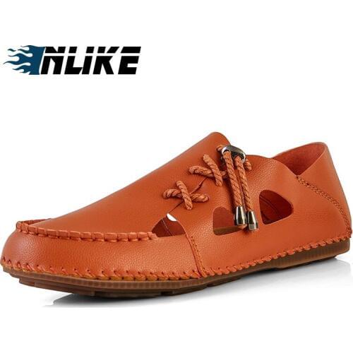 Men Genuine Cow Leather Sandals 2019 Big Size Summer Handmade Men Shoes Man Breathable Casual Shoes