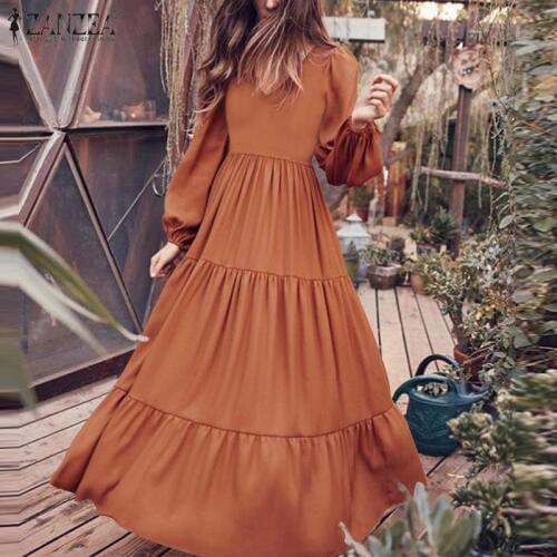 ZANZEA Sundress Womens Puff Sleeve Long Plain Maxi Dress Sexy V neck Casual Loose Bohemian Plus Size Patchwork Dress Beach Robe