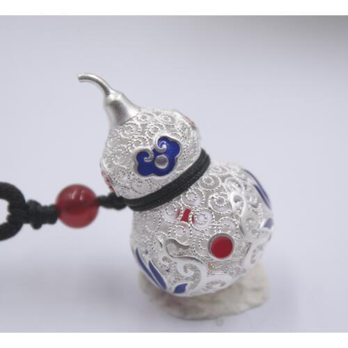 Sterling S925 Silver Color Gourd Lucky For Women Men Gold Pendant New Year Gift 35mmH