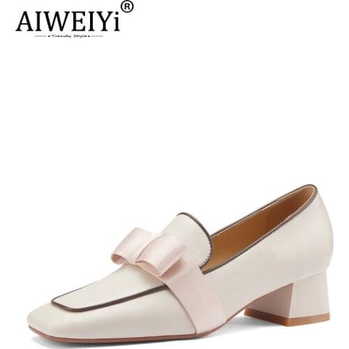AIWEIYi British Style Genuine Leather Shoes Women Med Heel Loafers Sweet Bow Single Shoes Woman Platform Pumps