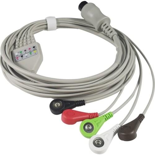 Generic Round 6 Pin ECG Cable One Piece 5 Lead Wires Snap 4.0 End AHA Standard for Normal Patient Monitor
